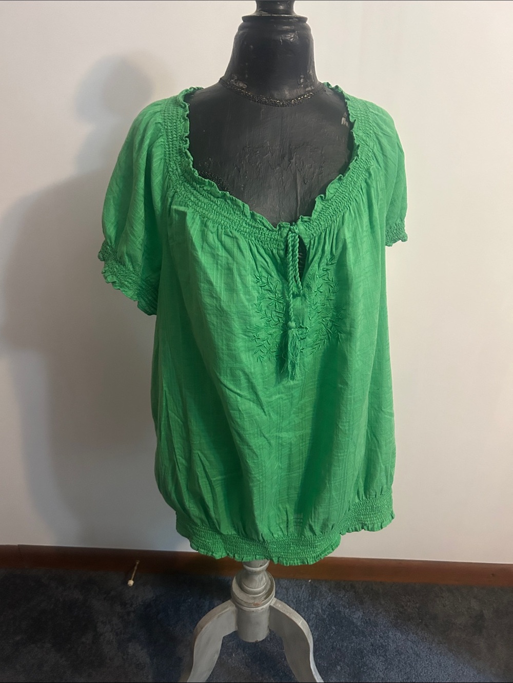 JMS Green Boho Peasant Top - Lightweight Women's Blouse